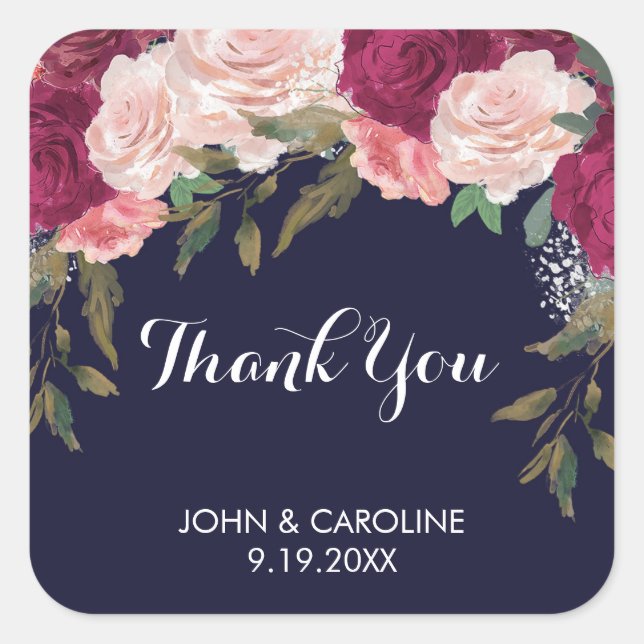 Navy rose floral merci faveurs stickers mariage (Devant)