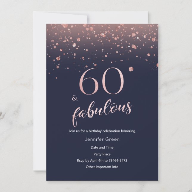 Navy Rose Gold 60th Birthday Invitation (Front)