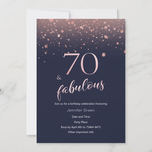 Navy Rose Gold 70th Birthday Invitation (Front)