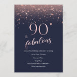 Navy Rose Gold 90th Birthday Invitation<br><div class="desc">Navy blue & rose gold glitter 90th birthday invitation. 
Please contact me if you need any customization or matching products.</div>