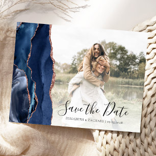 Navy Rose Gold Agate Custom Photo Save the Date Postcard