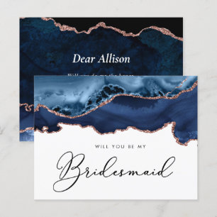 navy rose gold agate will you be my Bridesmaid Invitation Postcard