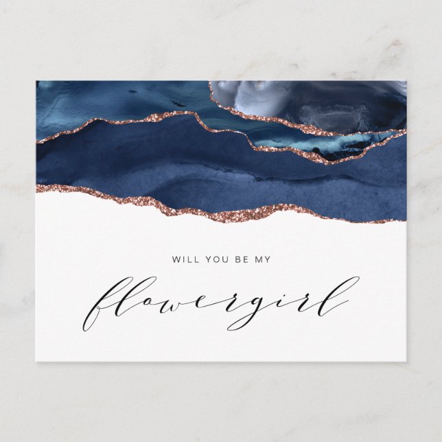 navy rose gold agate will you be my flowergirl  invitation postcard (Front)