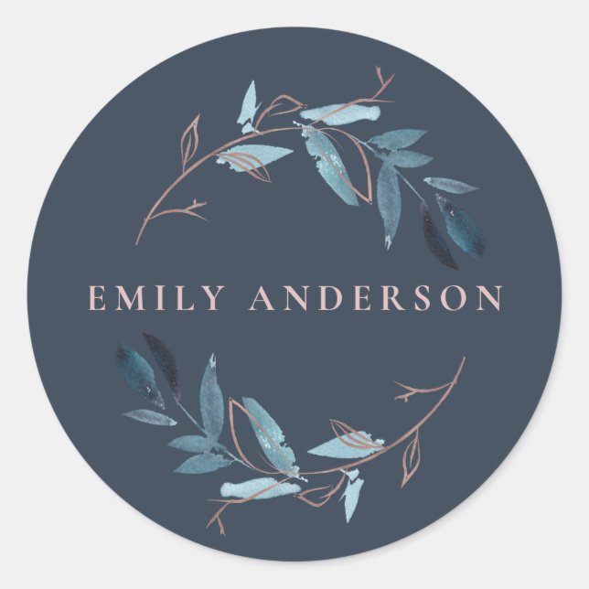 NAVY ROSE GOLD BLUE FOLIAGE WREATH PROFESSIONAL CLASSIC ROUND STICKER (Front)