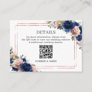 Navy Rose Gold Blush Floral Wedding Details QR  Enclosure Card