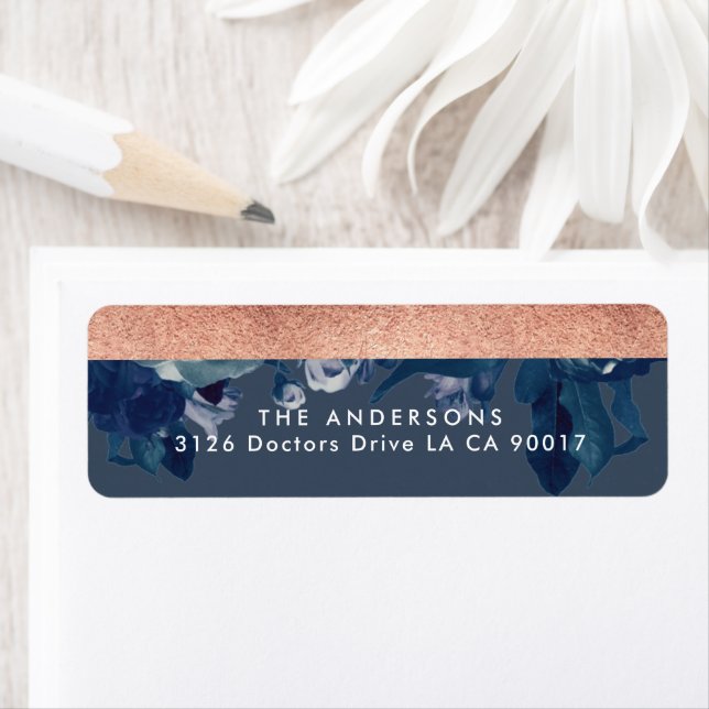 Navy Rose Gold Bouquet Wedding return address (Insitu)