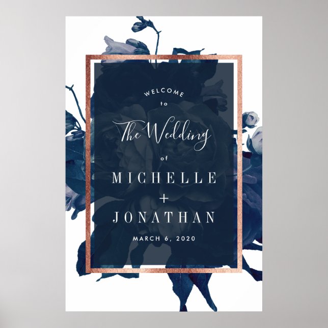 Navy Rose Gold Bouquet Wedding Welcome Poster (Front)