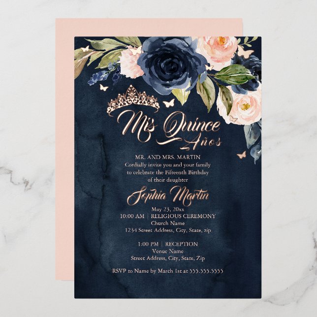 Navy Rose Gold Butterfly Mis Quince Quinceanera (Front/Back)