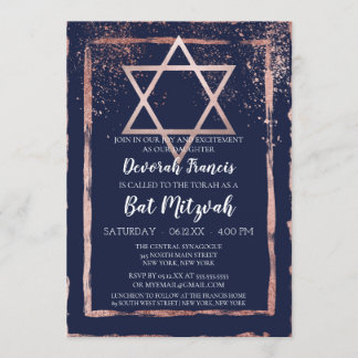 Navy Rose Gold Confetti Brushstroke Bat Mitzvah Invitation