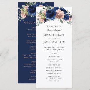 Navy Rose Gold Floral Greenery Boho Wedding Program
