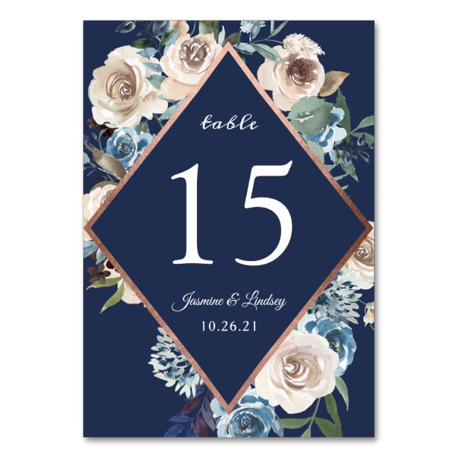 Navy Rose Gold Floral Table Number (Front)