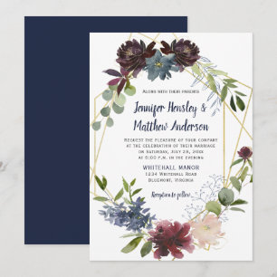 Navy Rose Gold Geometric Floral Wreath Wedding Invitation