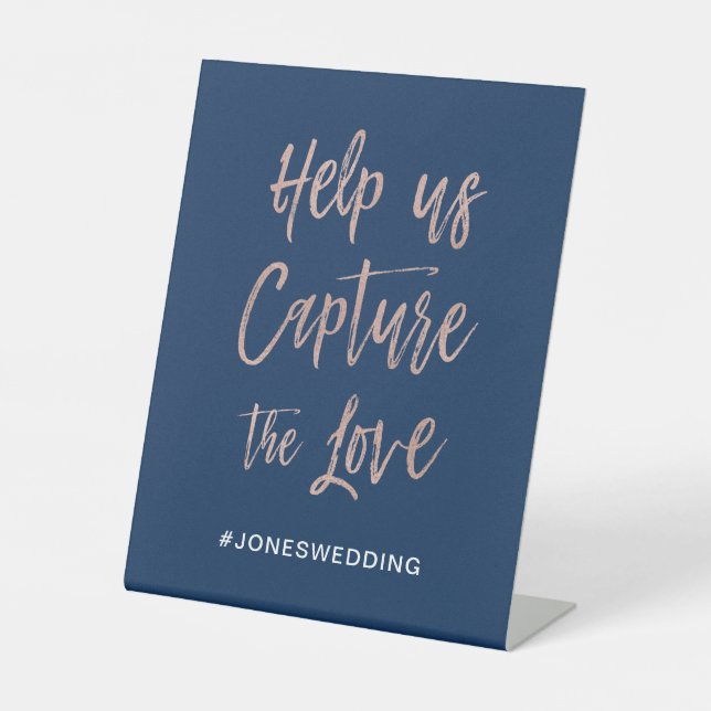 Navy & Rose Gold Glam Chic Hashtag Pedestal Sign (Front)