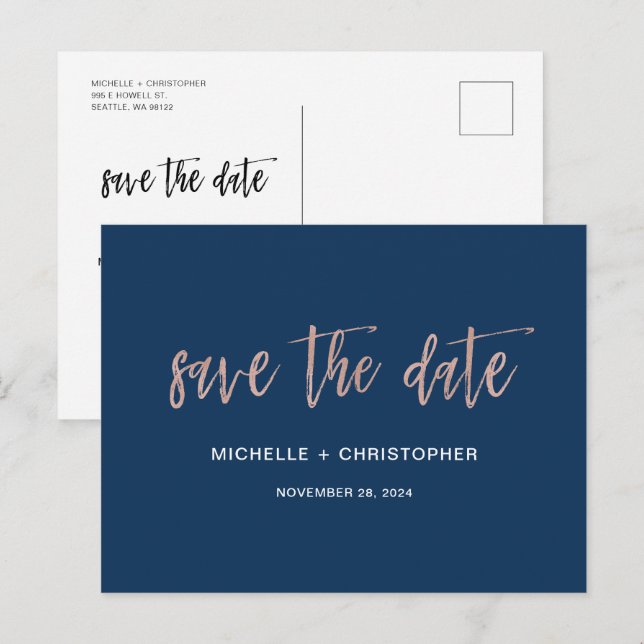 Navy & Rose Gold Glam Chic Save The Date Postcard (Front/Back)