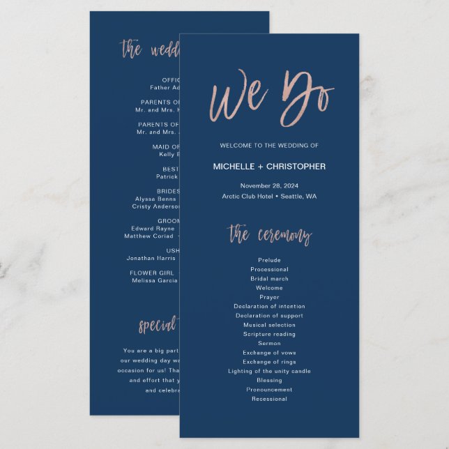 Navy & Rose Gold Glam Chic We Do Wedding Program (Front/Back)
