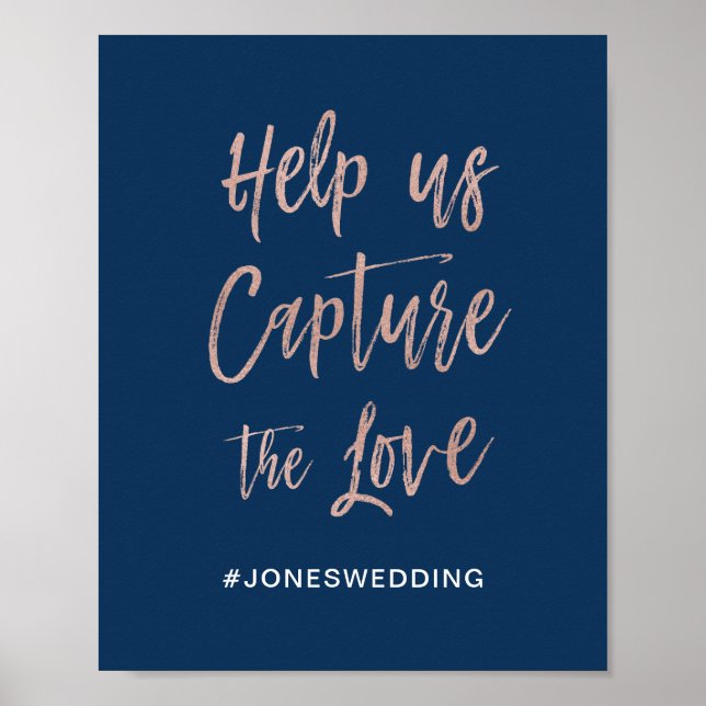 Navy & Rose Gold Glam Chic Wedding Hashtag Sign (Front)