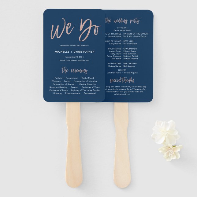 Navy & Rose Gold Glam We Do Wedding Program Fans (Front and Back)