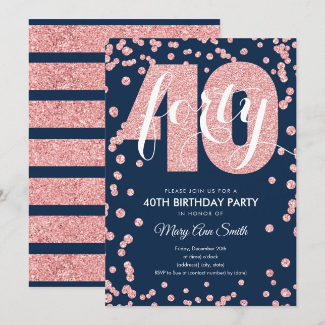 Navy Rose Gold Glitter 40th Birthday Party Invitation (Front/Back)