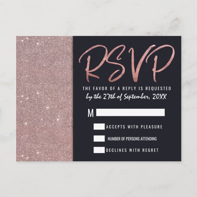 Navy Rose Gold Glitter Colour Block RSVP Invitation Postcard (Front)