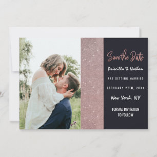 Navy Rose Gold Glitter Colour Block Save the Date