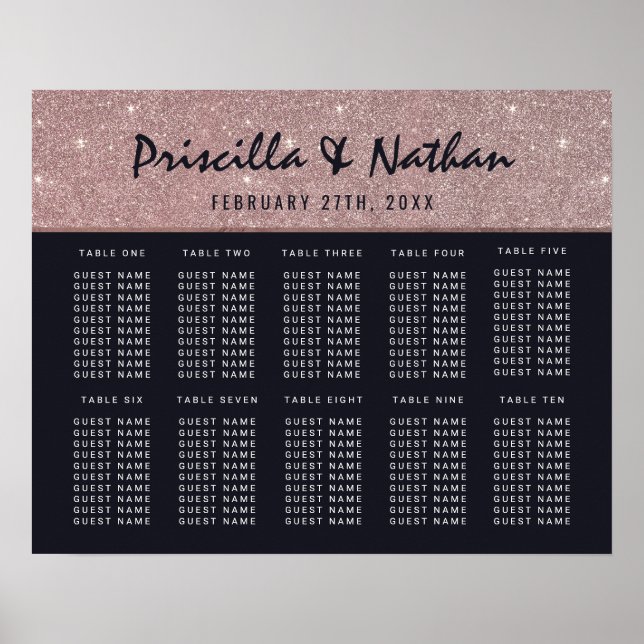 Navy Rose Gold Glitter Colour Block Seating Chart (Front)