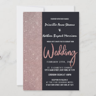 Navy Rose Gold Glitter Colour Block Wedding Invitation