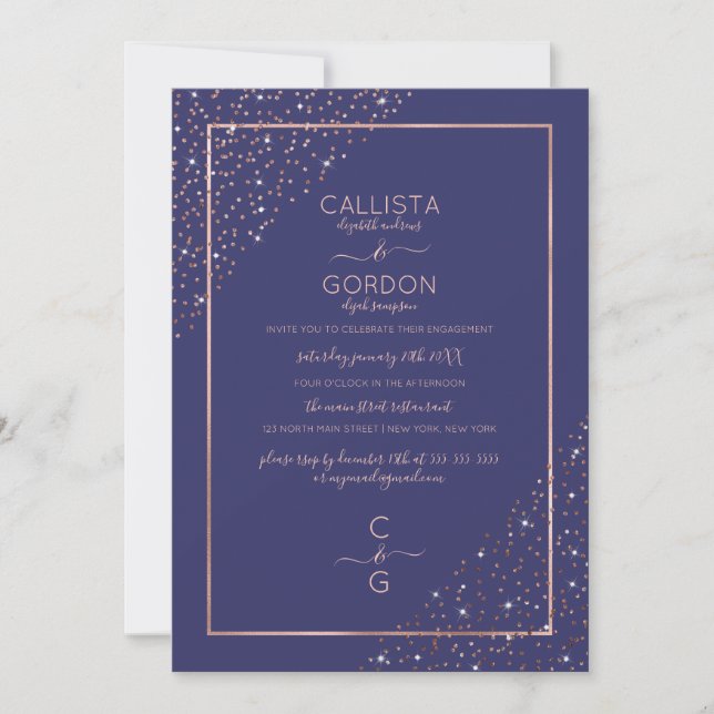 Navy Rose Gold Glitter Confetti Corners Engagement Invitation (Front)
