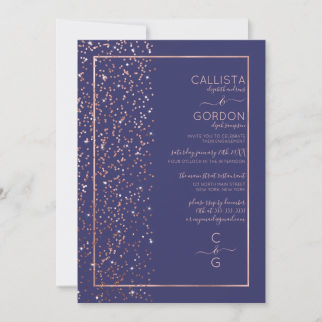 Navy Rose Gold Glitter Confetti Side Engagement Invitation (Front)