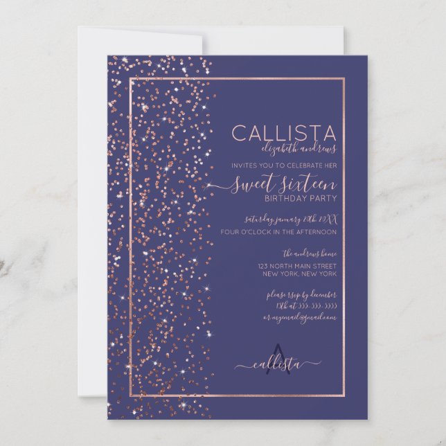 Navy Rose Gold Glitter Confetti Side Sweet 16 Invitation (Front)