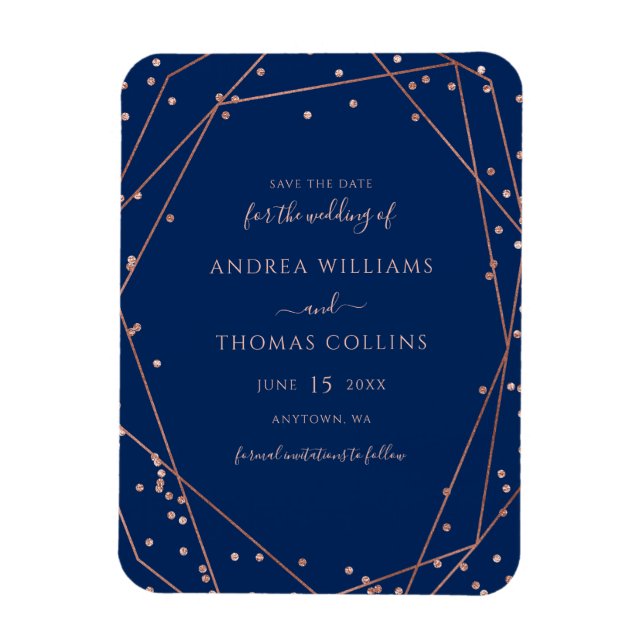 Navy Rose Gold Glitter Geometric Save the Date Magnet (Vertical)