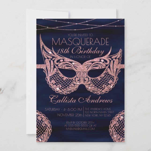 Navy Rose Gold Glitter Lace Masquerade Birthday Invitation (Front)