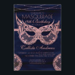 Navy Rose Gold Glitter Lace Masquerade Birthday Invitation<br><div class="desc">This elegant and chic Masquerade themed (Age) birthday party invitation is perfect for the girly girl. It features a faux printed rose gold glitter masquerade mask, hanging glitter diamond strands, and lace on top of a luxurious navy blue silk background. It's a pretty, glamourous, modern, and unique luxury bling design....</div>