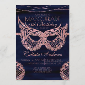 Navy Rose Gold Glitter Lace Masquerade Birthday Invitation