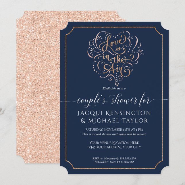 Navy Rose Gold Glitter Script Love Couple Shower Invitation (Front/Back)