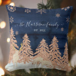 Navy Rose Gold Glitter Winter Forest Family Name Throw Pillow<br><div class="desc">"Navy Rose Gold Glitter Winter Forest Family Name Throw Pillow." Your family name in script calligraphy with flourishes along with the year established (or you can change to any message you prefer). Rich navy blue watercolor wash wood background with blush rose gold glitter forest trees over a snowy hillside with...</div>