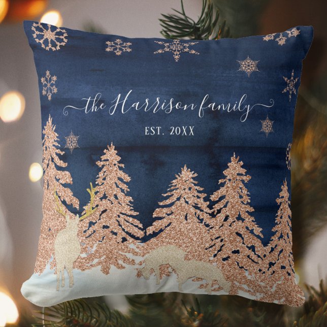 Navy Rose Gold Glitter Winter Forest Family Name Throw Pillow (Creator Uploaded)