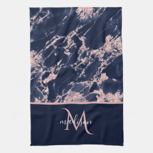 Navy & Rose Gold Marble Monogram Elegant Luxury  Kitchen Towel