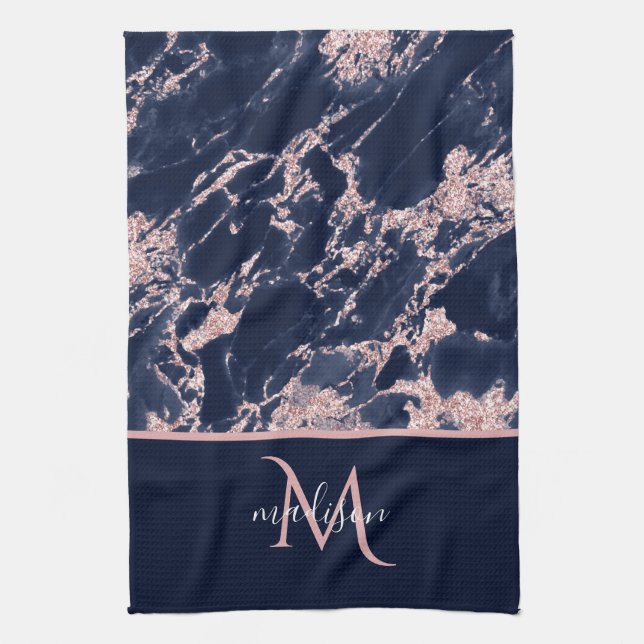Navy & Rose Gold Marble Monogram Elegant Luxury  Kitchen Towel (Vertical)