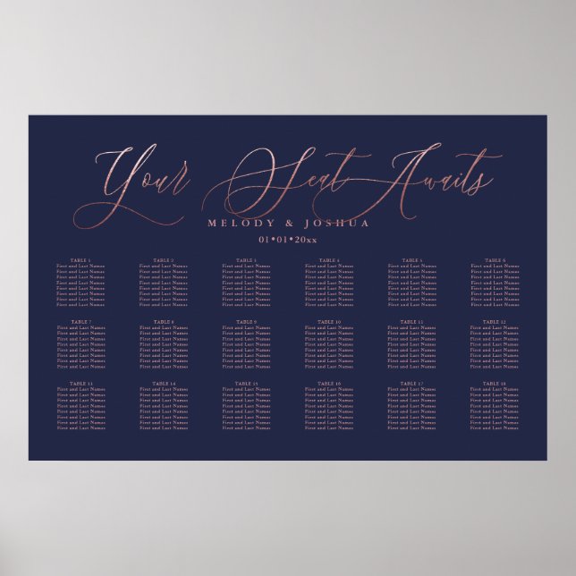 Navy+Rose Gold Modern Calligraphy Seating Chart (Front)