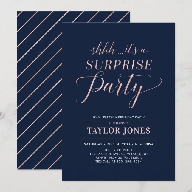 Navy & Rose gold | Modern Surprise Birthday Party Invitation (Front/Back)