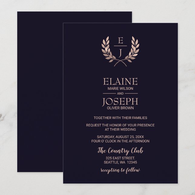 Navy Rose Gold Monogram Wedding Invitations (Front/Back)