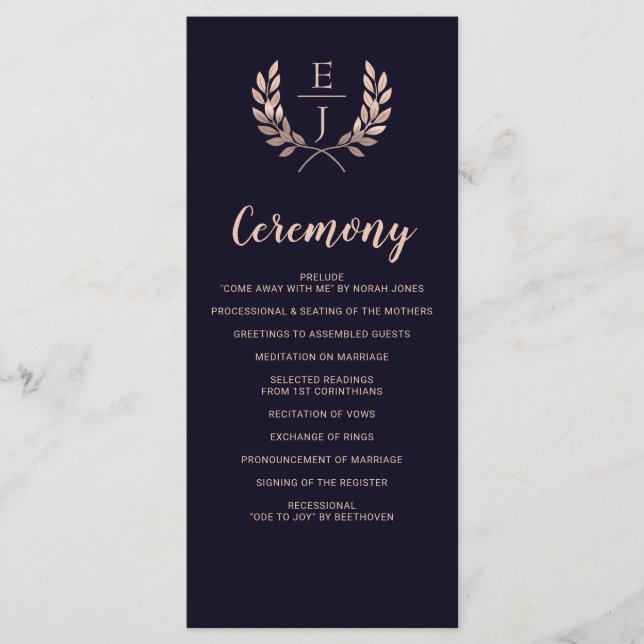 Navy Rose Gold Monogram Wedding programs (Front)