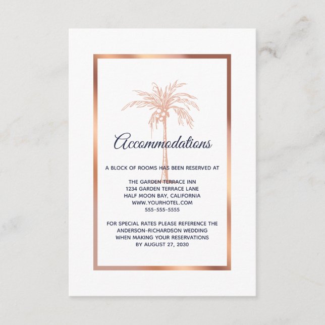 Navy Rose Gold Palm Tree Wedding Accommodation Enclosure Card (Front)