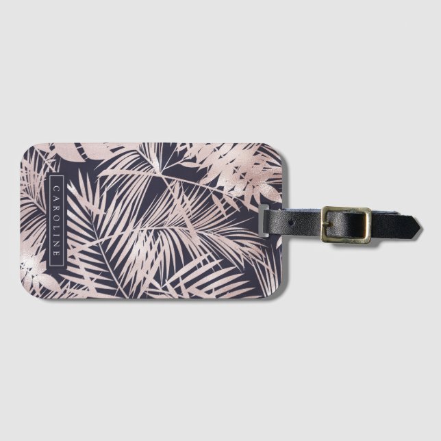 Navy & Rose Gold Palms Luggage Tag (Front Horizontal)