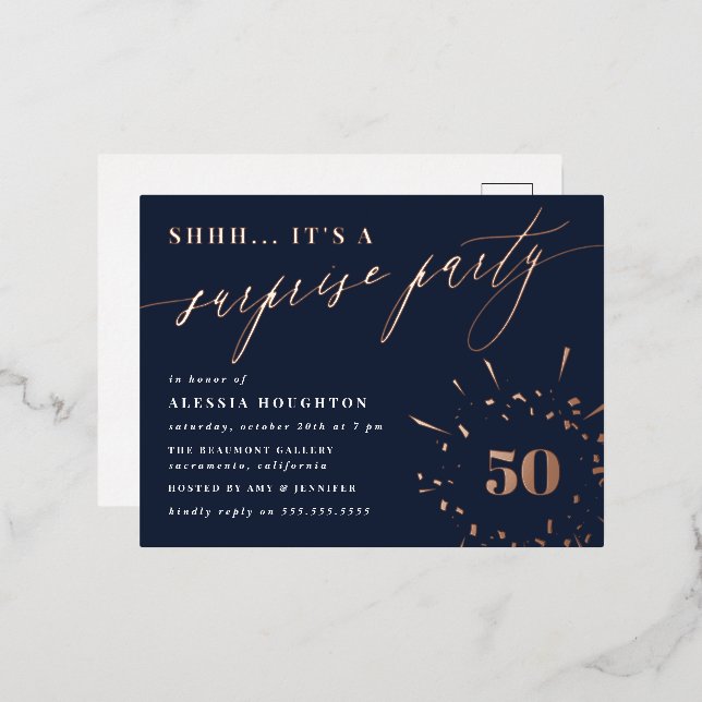 Navy & Rose Gold Script Surprise Party Foil Invitation Postcard (Front/Back)