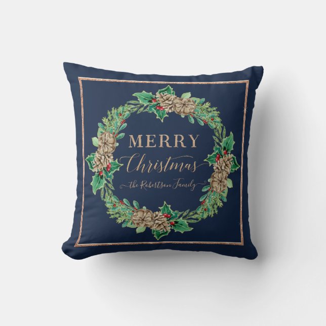 Navy Rose Gold Script Typography Merry Christmas Throw Pillow (Front)