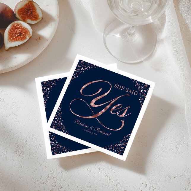 Navy Rose Gold She Said Yes Engagement Party Napkin (Creator Uploaded)