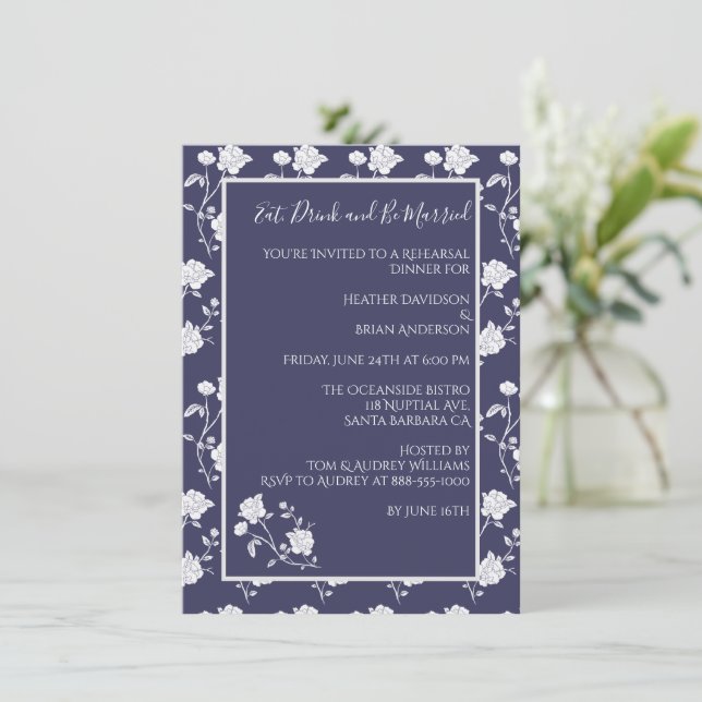 Navy Rose Rehearsal Dinner Invitation (Standing Front)