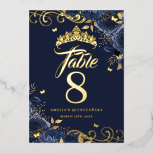 Navy Rose Swirl Quinceanera Gold Table Number 