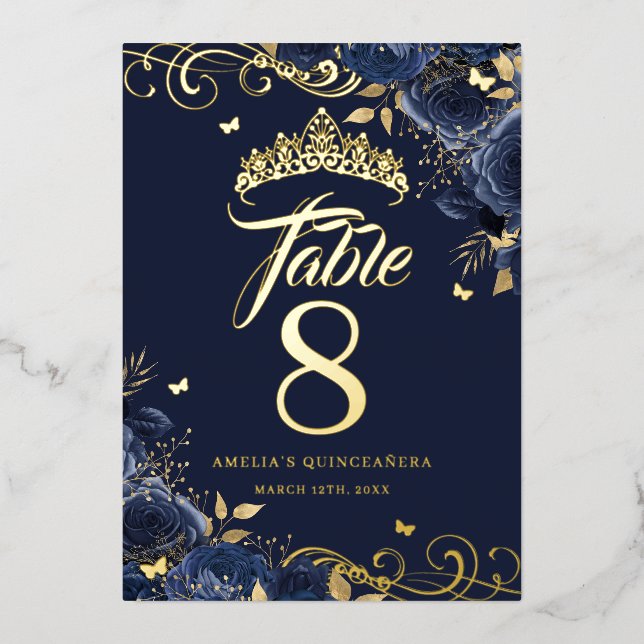 Navy Rose Swirl Quinceanera Gold Table Number  (Front)